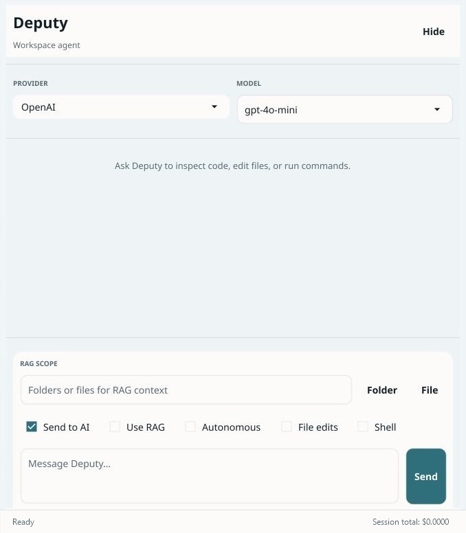 Deputy workspace agent: provider and model controls, chat panel, RAG scope, and message composer